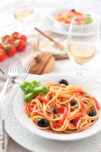 Italian spaghetti tomato sauce  basil and olive