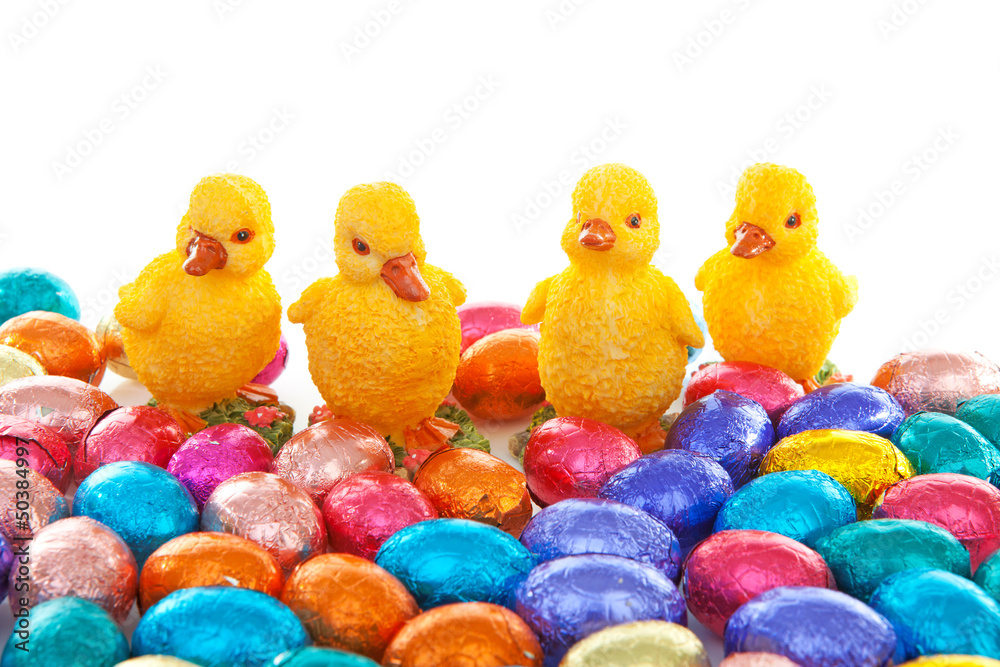Colorful easter eggs and chickens