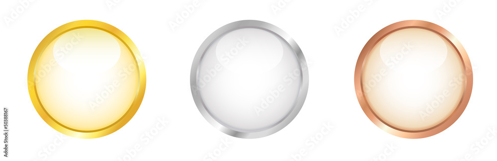 White round buttons with golden, silver and bronze border.