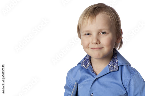 positive smiling boy with touch screen