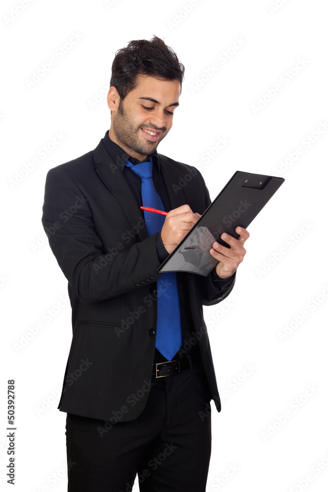 Young businessman with blue tie with a clipboard Young businessman with blue tie with a clipboard