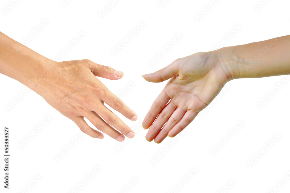 Two woman and man hands about to shake hands