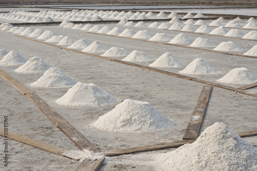 Many salt piles in the  salt field of Samutsongkram, Thailand photo