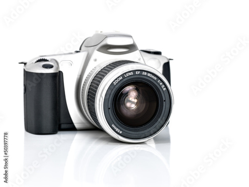 vintage reflex camera on white background.
