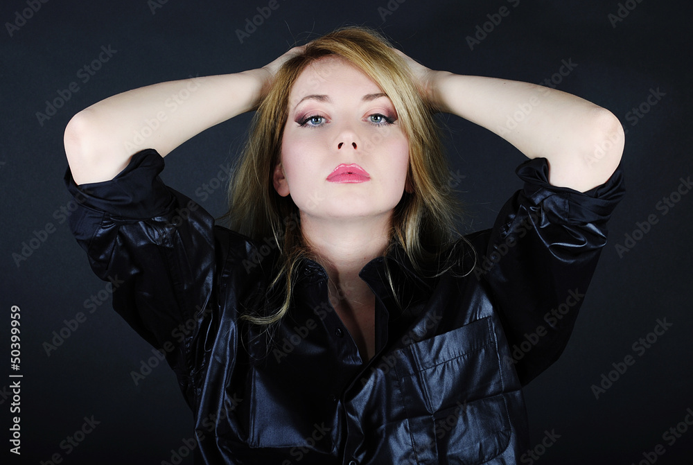 Beautiful girl blonde in white êàðñåòå and black shirt Beautiful girl blonde in white êàðñåòå and black shirt