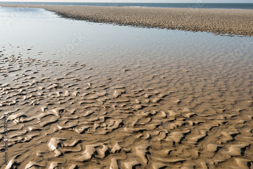 Closeup of a notable beach structure at low tide