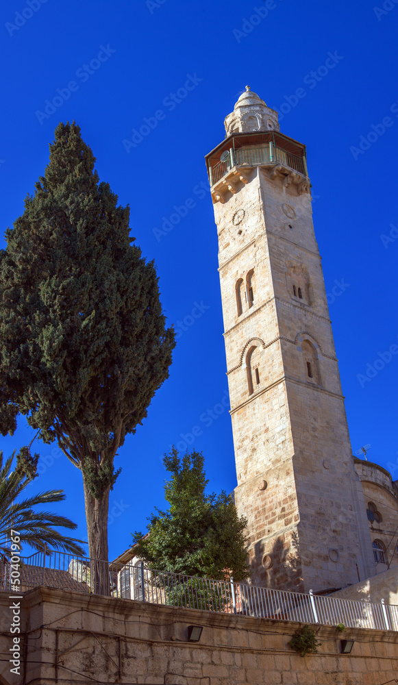 Fototapeta premium Mosque of Omar Minaret Vertical Panorama, Jerusalem