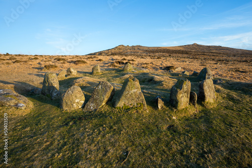 Bronze Age stone circle Dartmoor Devon.