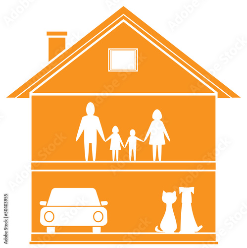isolated cottage symbol with house and happy family in home