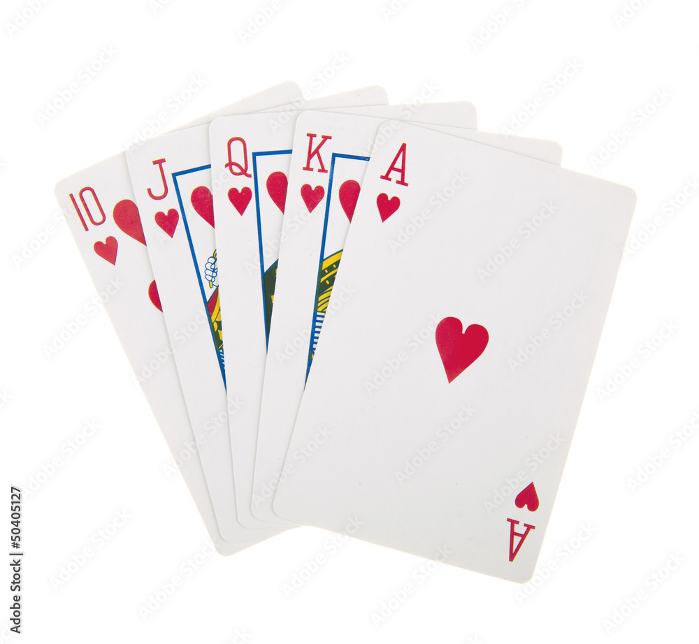 Fototapeta premium Royal straight flush playing cards poker hand in hearts