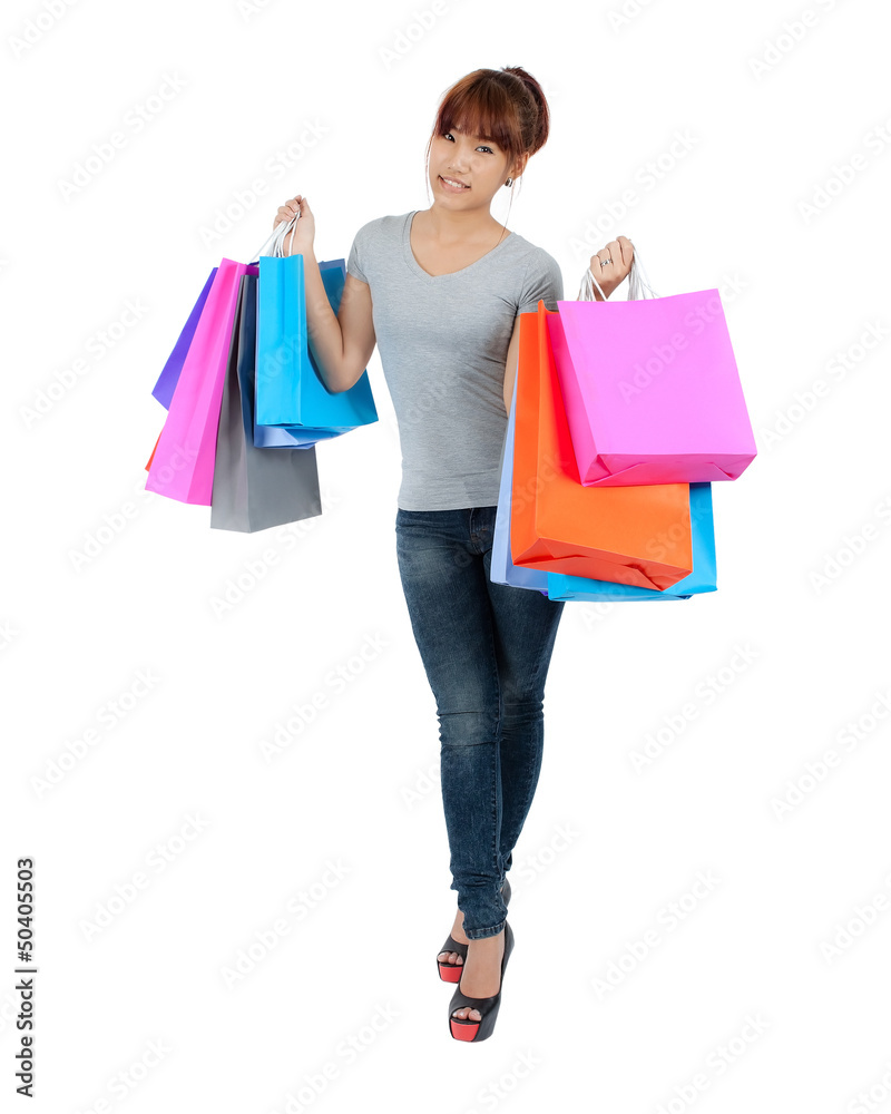 Isolated Yong Asian Woman With colorful Shopping Bags