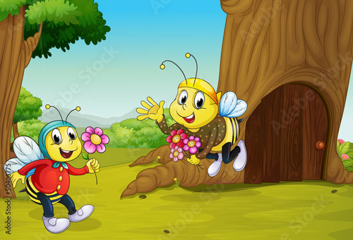 The two bees near a treehouse