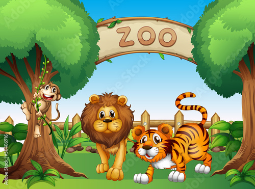 A monkey, a lion and a tiger inside the wooden fence