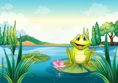 A happy frog above a water lily