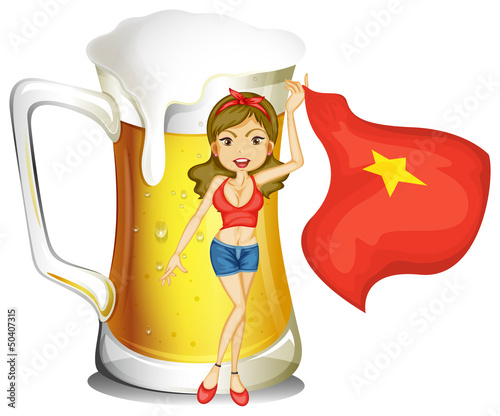 A girl holding the flag of Vietnam in front of a big mug of beer