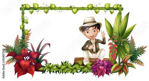 A boy sitting at the trunk