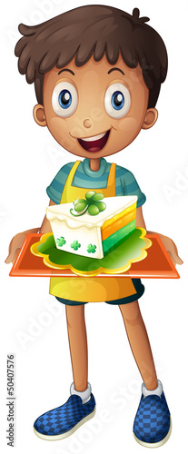A boy holding a tray with a slice of cake