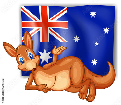 A kangaroo in front of the Australian flag