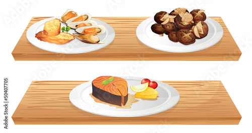 Two wooden shelves with foods