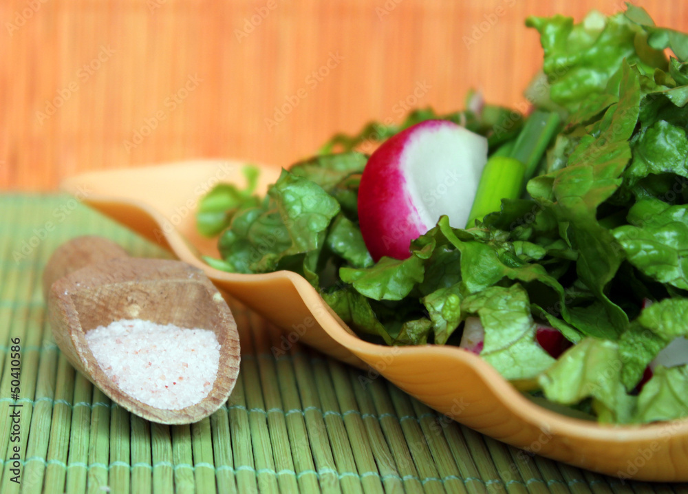 Green salad with radish and cucumbres and himalayan salt Green salad with radish and cucumbres and himalayan salt