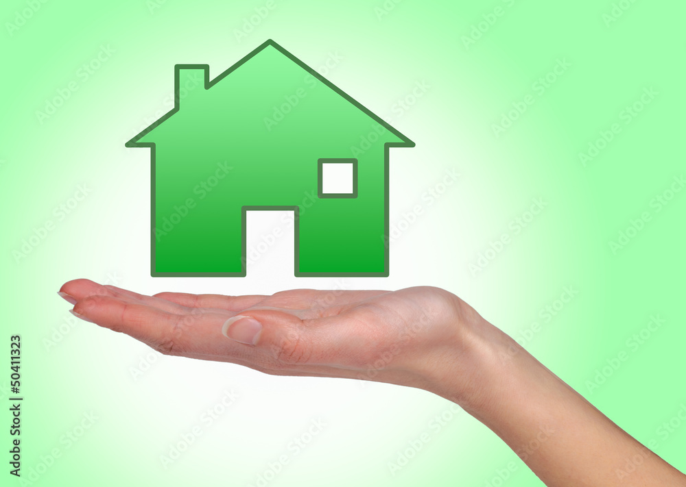 Illustrated house on female hand Illustrated house on female hand