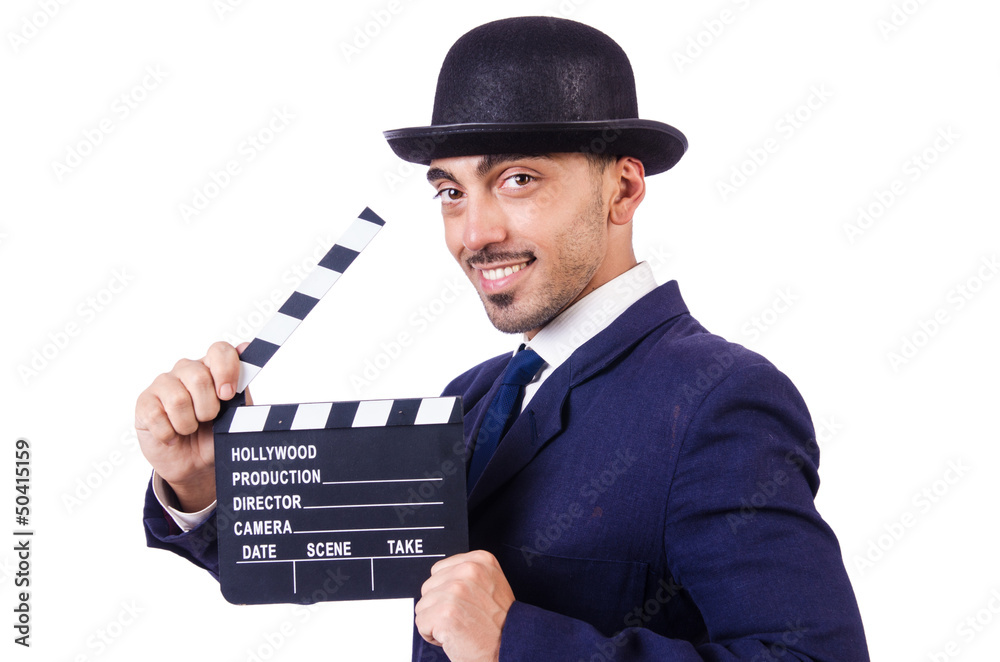 Man with movie clapper isolated on white Man with movie clapper isolated on white