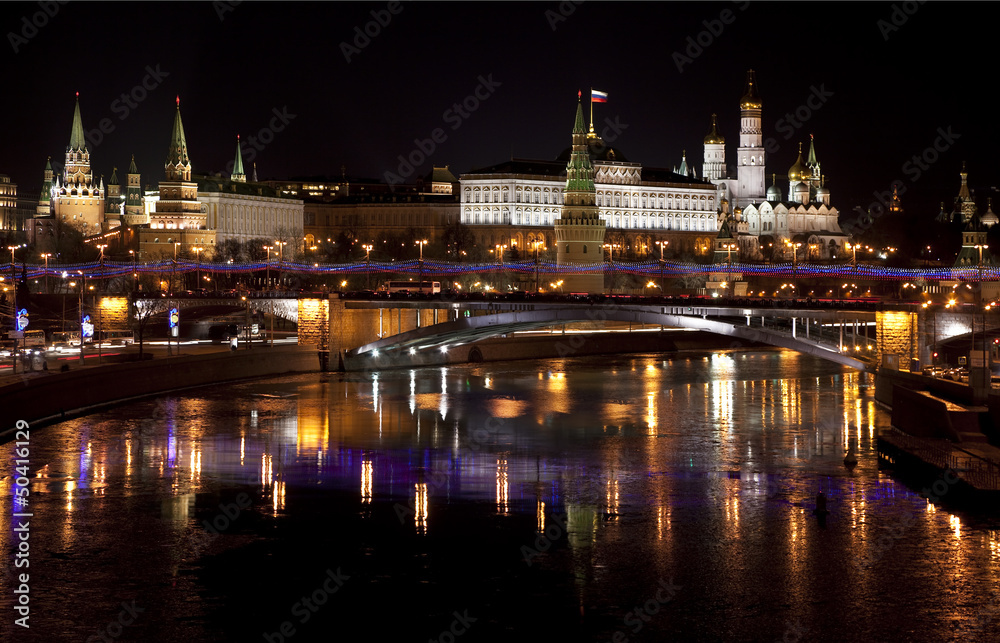 Panorama of night of the Kremlin in Moscow. Russia
