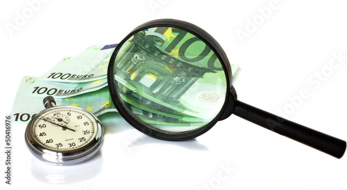 Watch, magnifier and euro on a white background