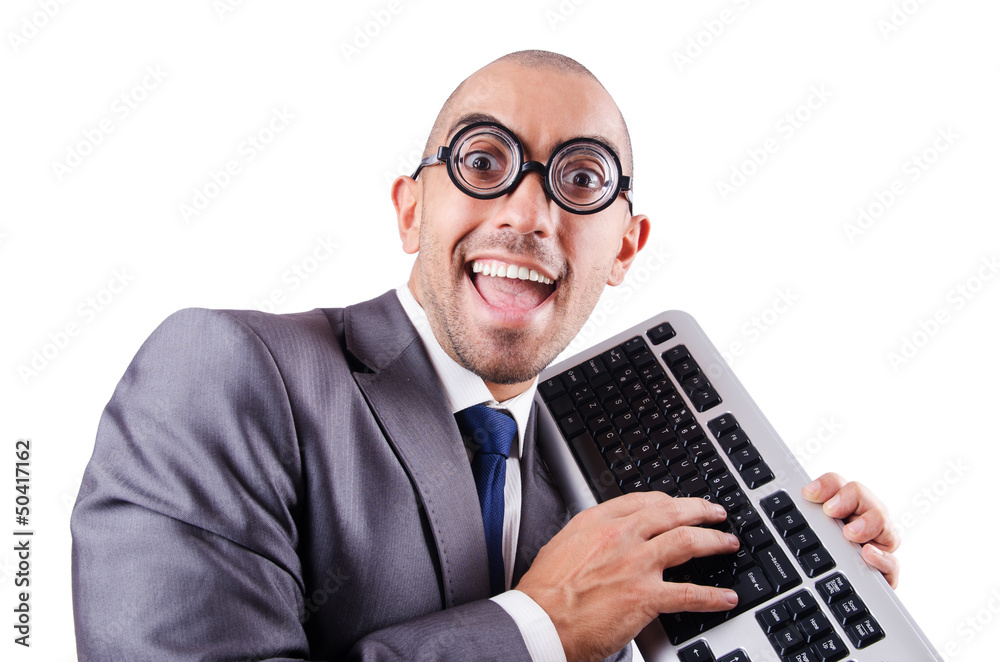 Nerd businessman with computer keyboard on white Nerd businessman with computer keyboard on white