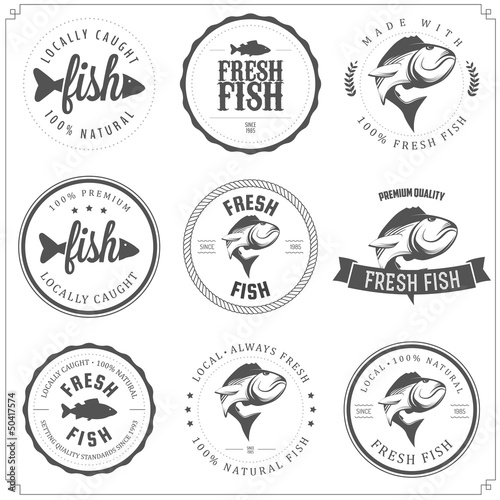 Set of made with fish stamps, labels and badges