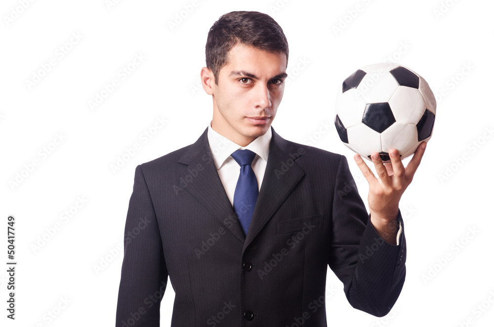Young businessman with football on white Young businessman with football on white