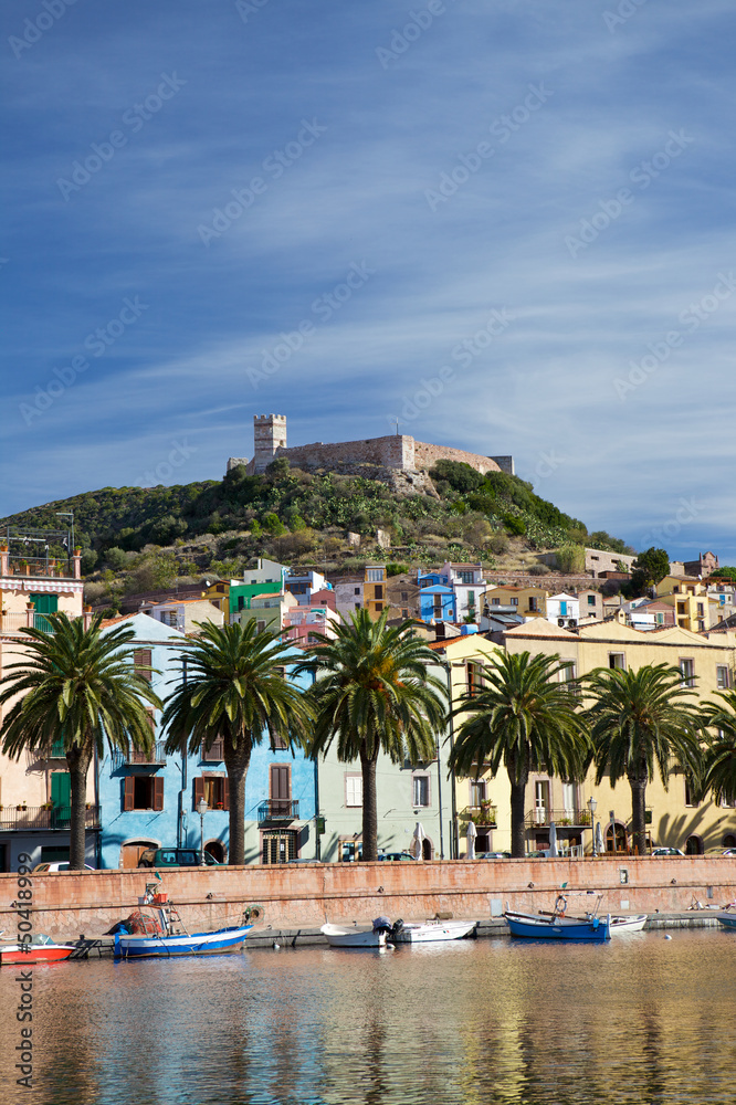 View of Bosa and fort from the bridge, Sardinia, Italy