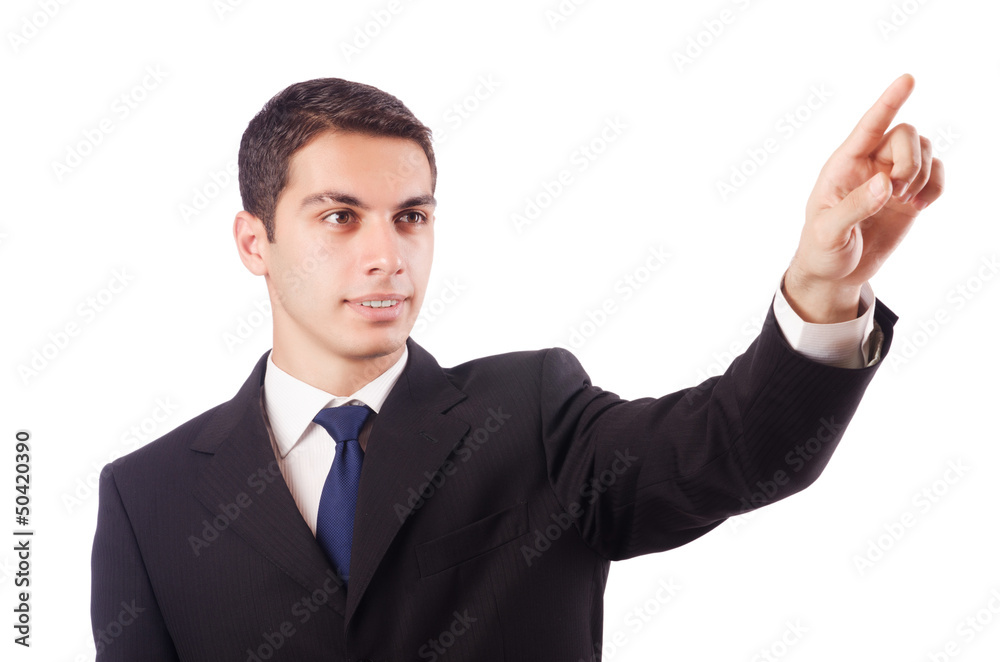 Young businessman pressing virtual buttons Young businessman pressing virtual buttons