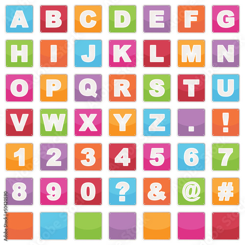 Alphabet icons sqaure vector clip bright symbols letters and numbers isolated on white with blanks