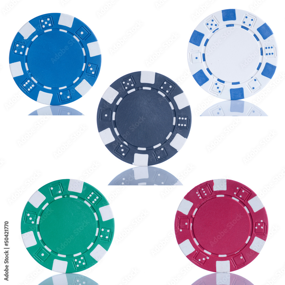 Five poker chips isolated on white background