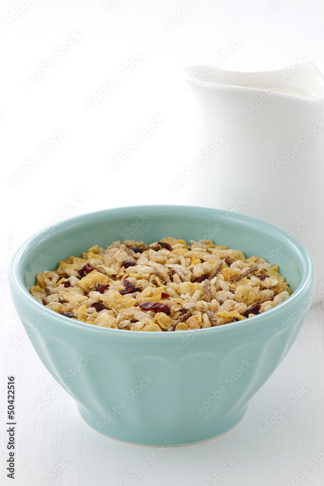 Delicious and healthy muesli with fresh milk Delicious and healthy muesli with fresh milk