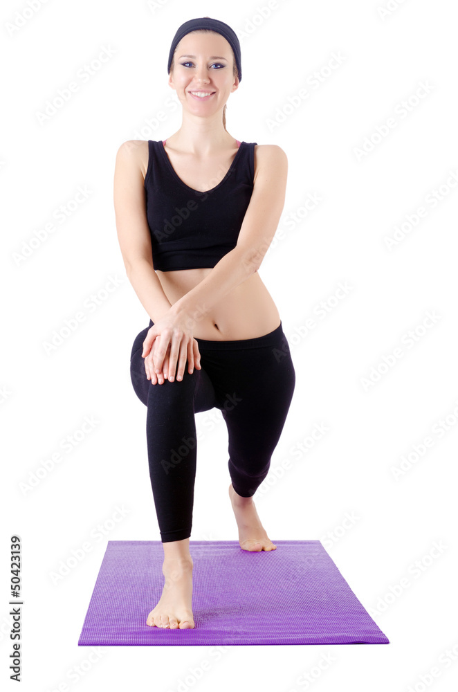 Young female doing exercises on white Young female doing exercises on white