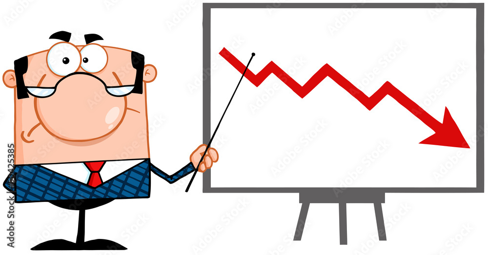 Angry Business Manager With Pointer Presenting A Falling Arrow Angry Business Manager With Pointer Presenting A Falling Arrow