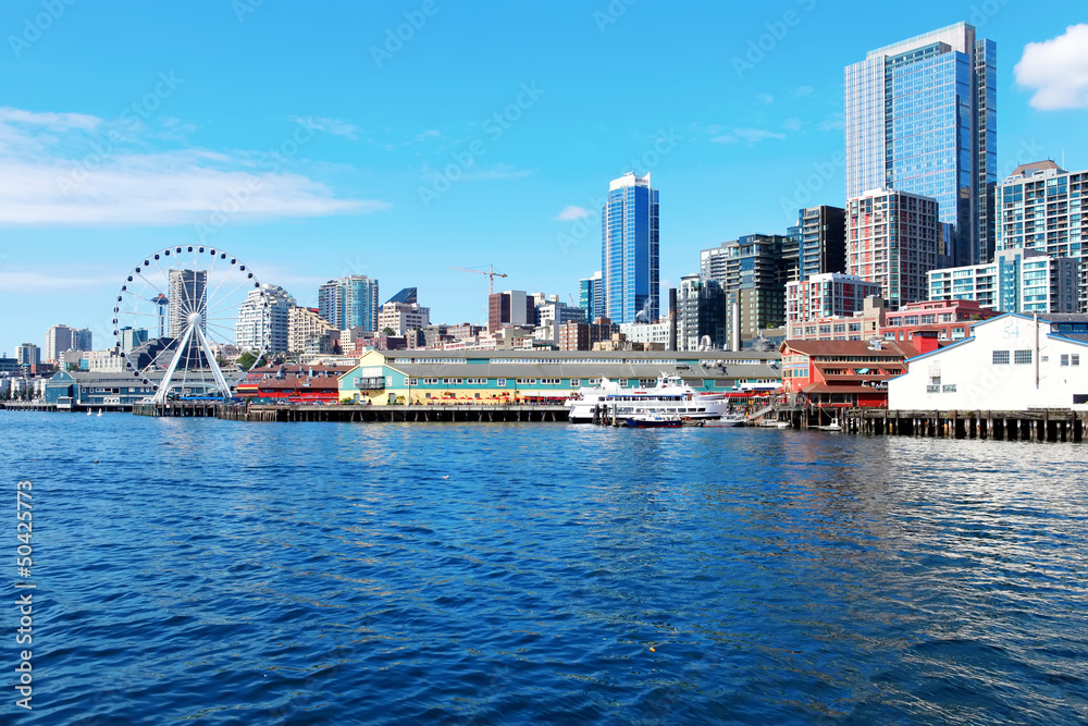 Seattle waterfront Pier 55 and 54. Downtown view from ferry. Seattle waterfront Pier 55 and 54. Downtown view from ferry.