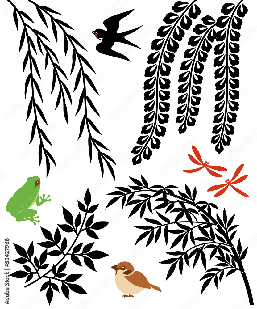 Fototapeta premium 柳と笹と藤の花