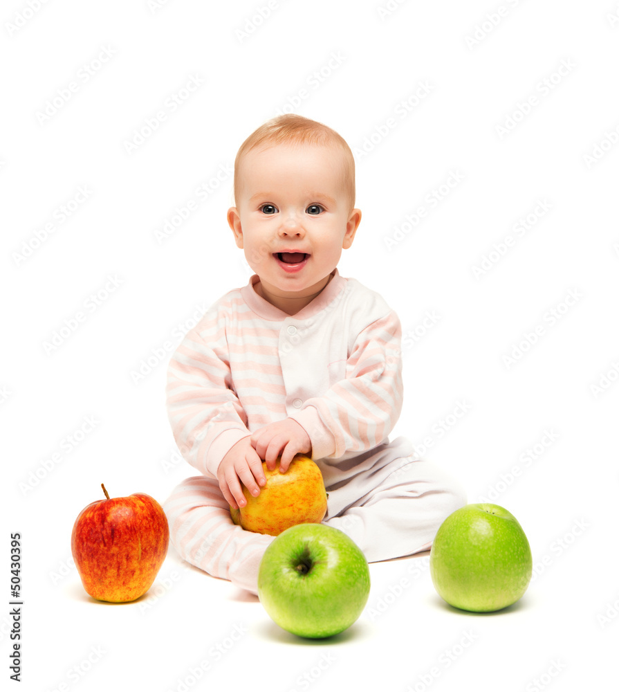 cute happy baby with fruit apples isolated cute happy baby with fruit apples isolated