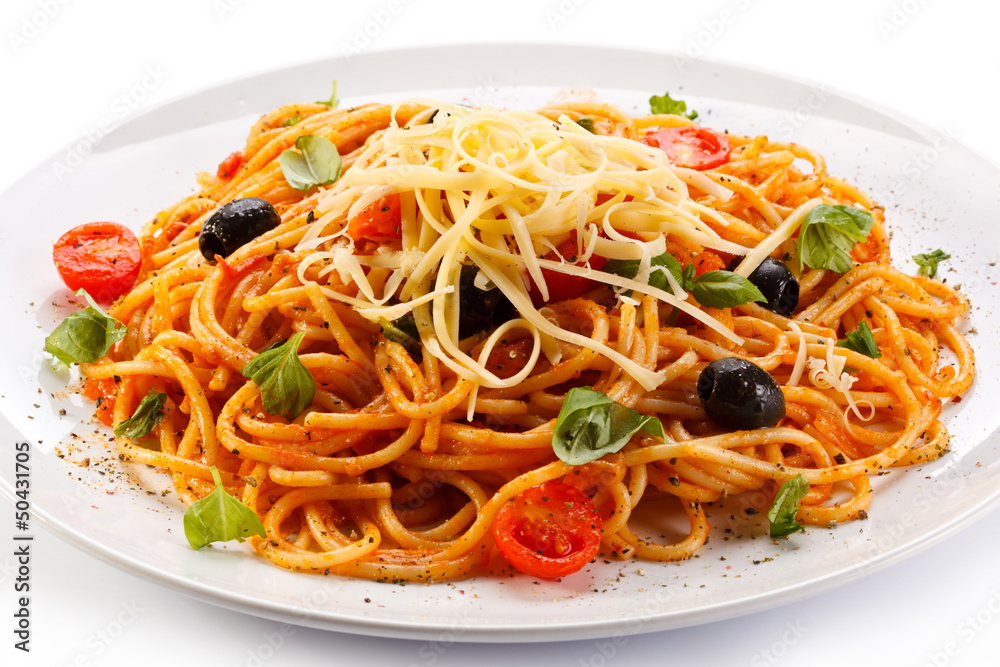 Pasta with meat, tomato sauce, parmesan and vegetables