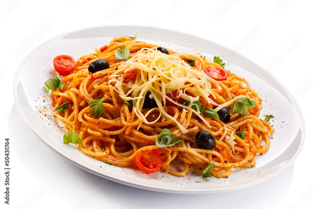 Pasta with meat, tomato sauce, parmesan and vegetables