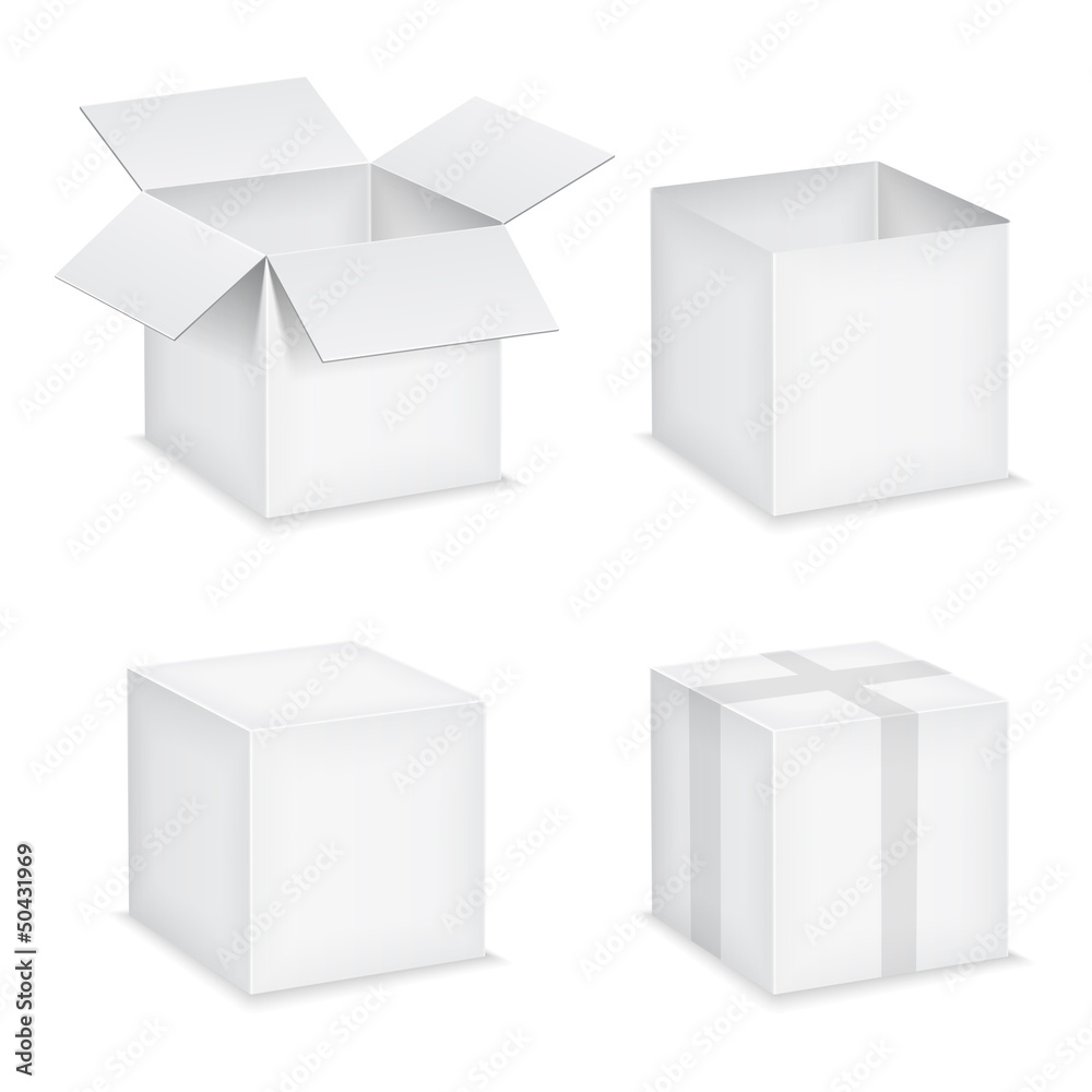 Open and closed white paper boxes on white backround