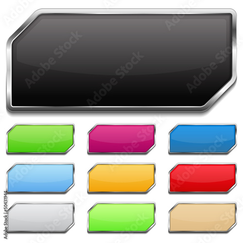 Set of colored glossy buttons with metallic frame and shadow