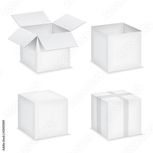 Open and closed white paper boxes on white backround