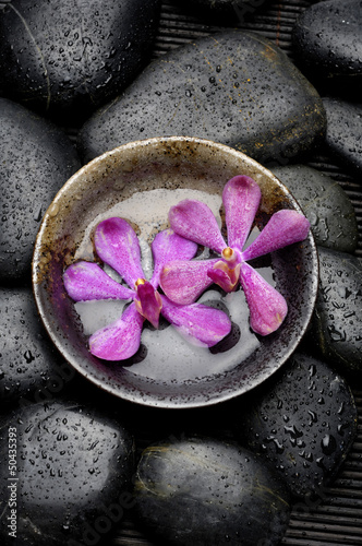Zen Still Life    pink orchid floating in bowl with wet stones