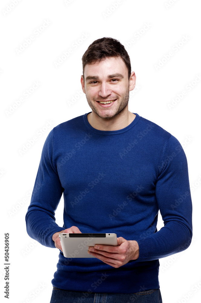 Man holding a computer tablet isolated on white background Man holding a computer tablet isolated on white background