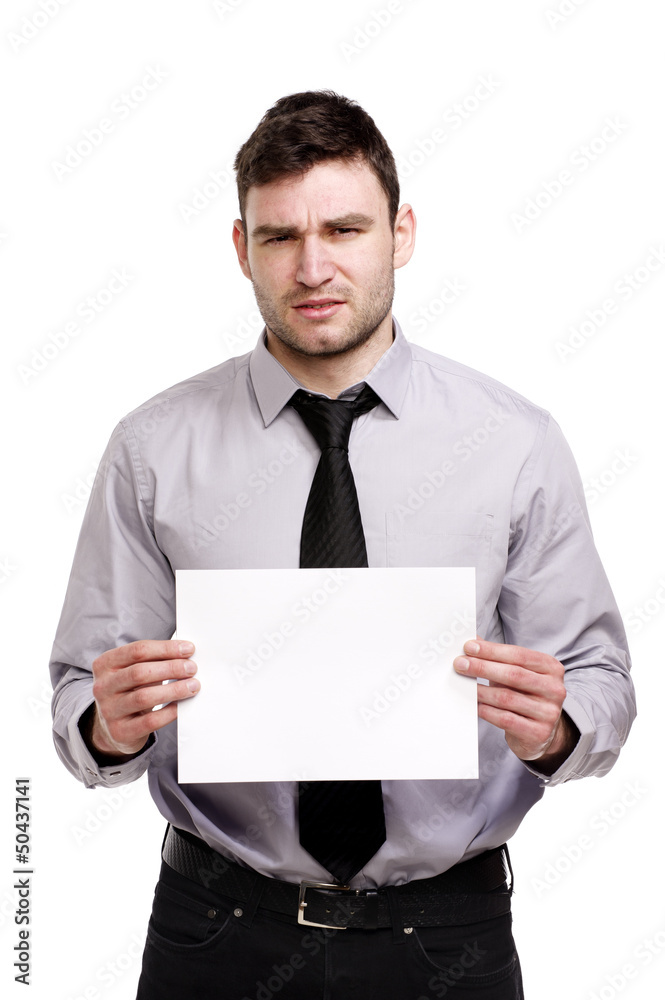 Business man looking confused holding a blank sign Business man looking confused holding a blank sign