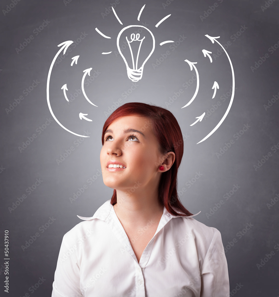 Pretty lady thinking with arrows and light bulb overhead Pretty lady thinking with arrows and light bulb overhead